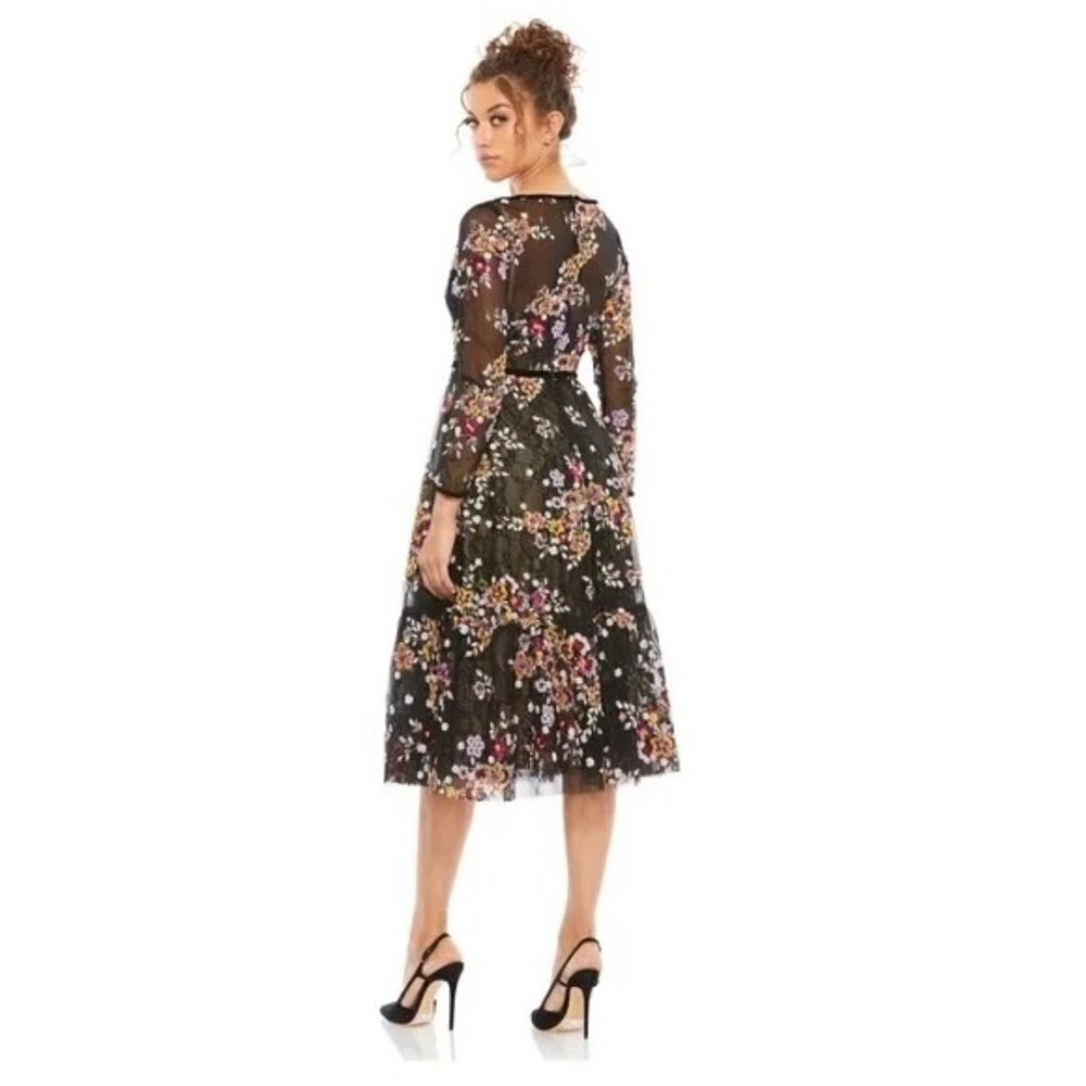 Mac Duggal 67499 Floral Lace & Sequin Long Sleeve Tulle Tea Length Dress 4 NWT - Picture 2 of 6